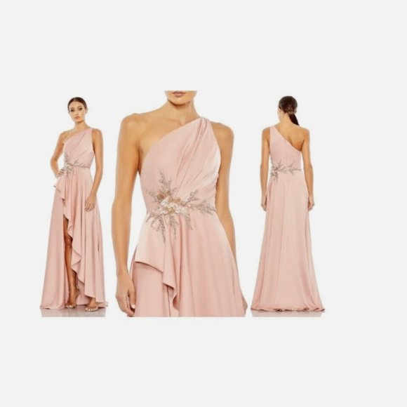MAC DUGGAL 11262 EMBELLISHED ONE SHOULDER  ASYMMETRICAL ROSE HIGH LOW GOWN sz 12 - Picture 1 of 3
